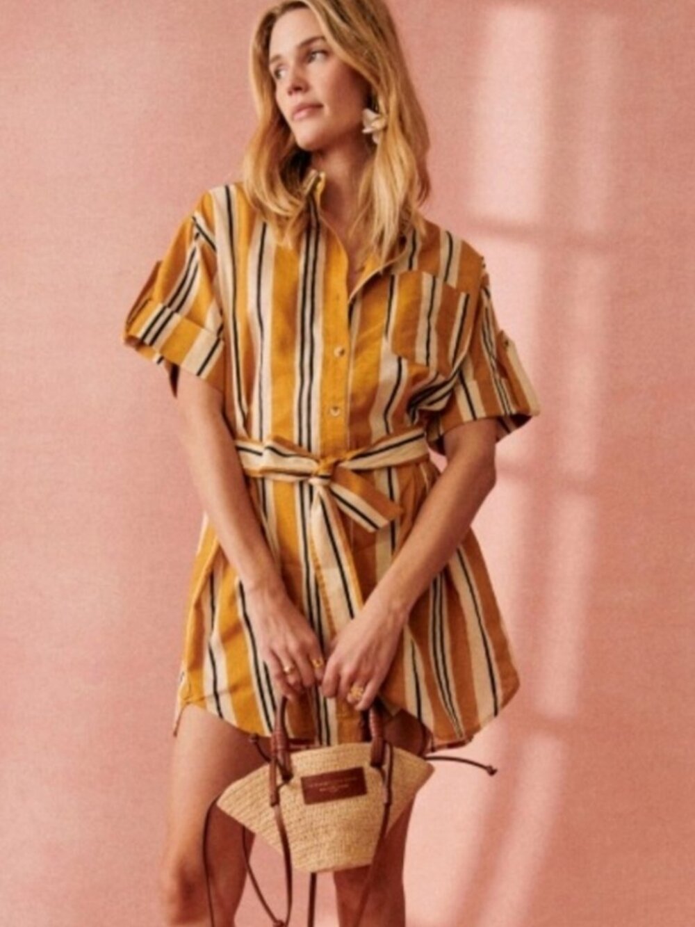 Sezane Celia Striped Shirt Dress Mustard Yellow Ochre Linen Cotton Mini Size M